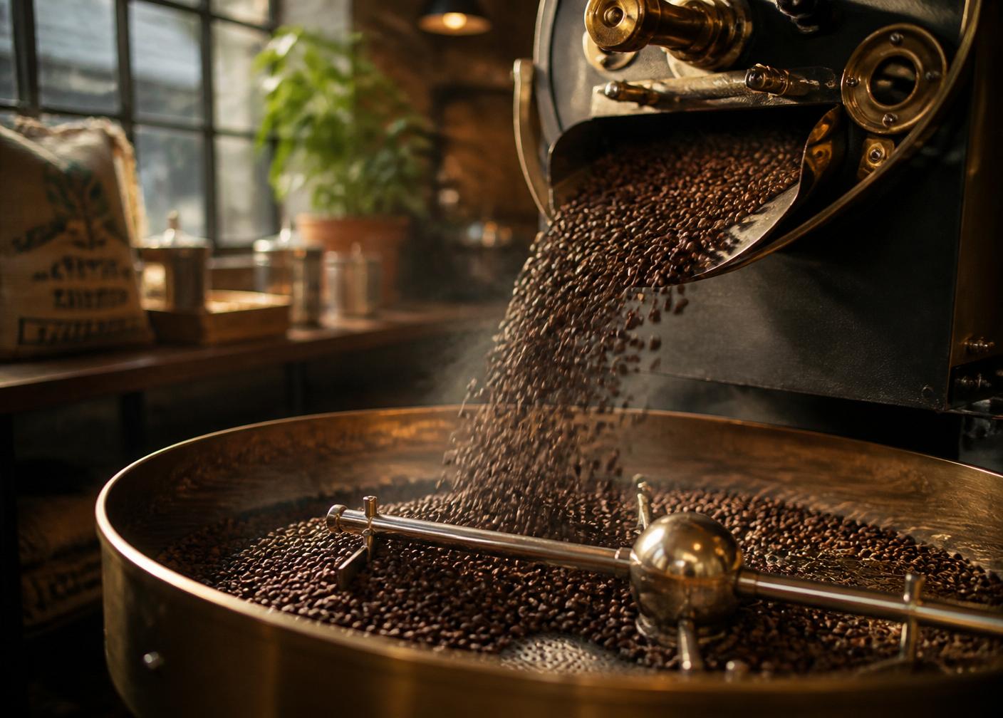 Freshly roasted beans falling into a brass cooling tray