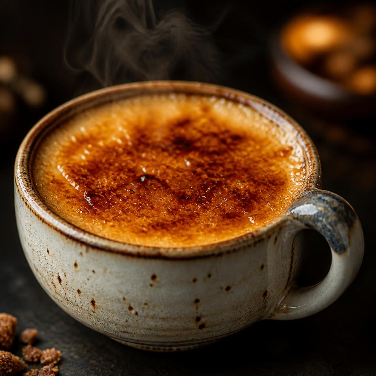 A brûlée latte with torched sugar crust